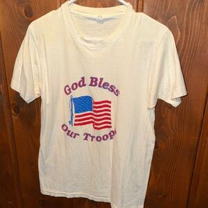 White Tee with Red & Blue Patriotic Graphic “God Bless Our Troops”